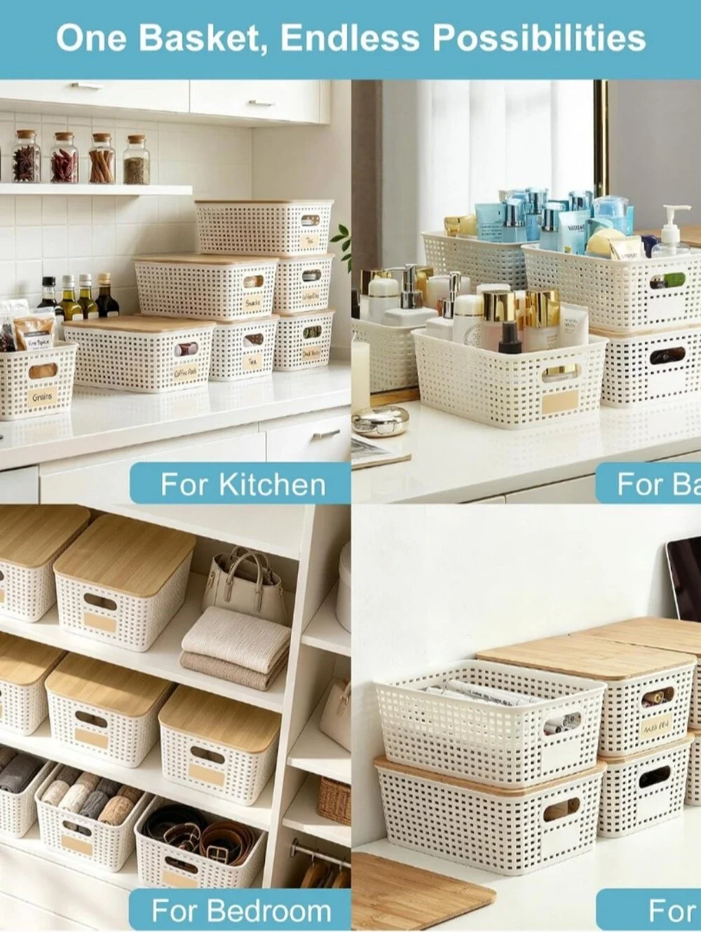 Multi-Size White and Natural Bamboo Lidded Storage Baskets